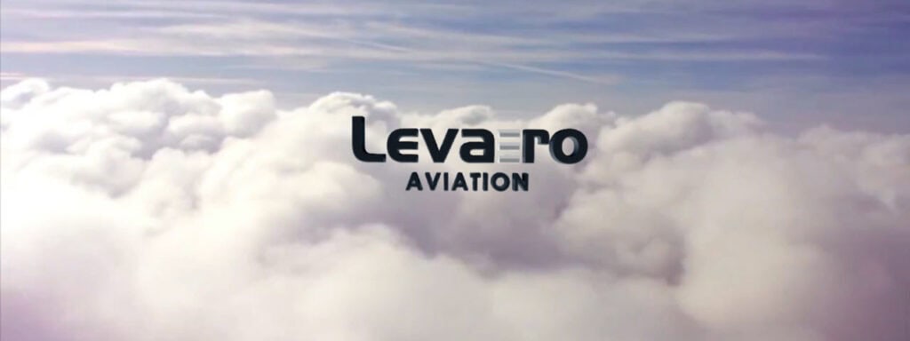 Levaero Aviation logo with clouds background.