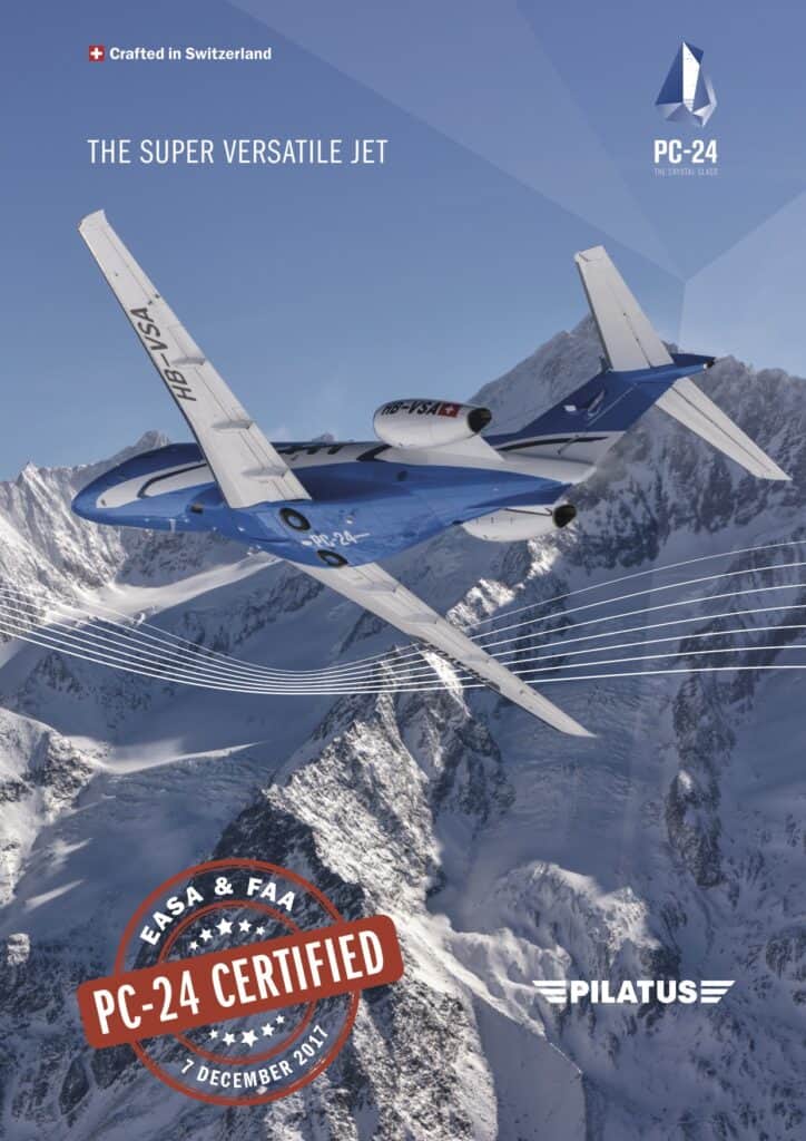 Levaero PC-24 jet flying over snowy mountains, FAA & EASA certified.