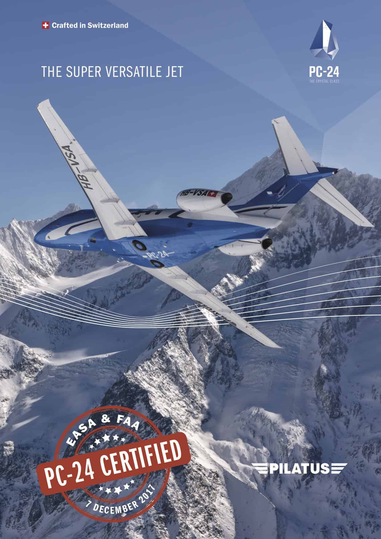 Levaero PC-24 jet flying over snowy mountains, FAA & EASA certified.
