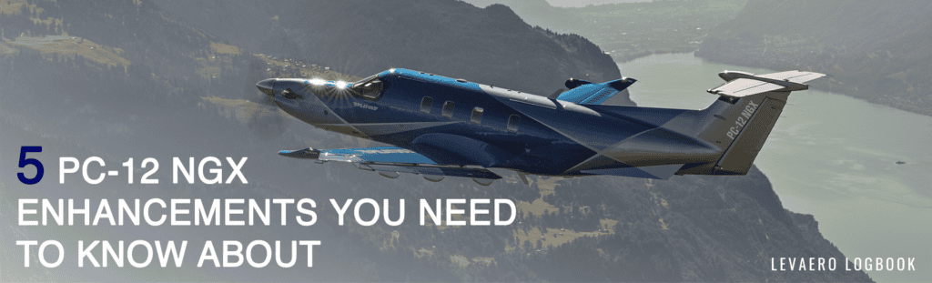 Modernized Levaero PC-12 NGX aircraft flying over mountains.