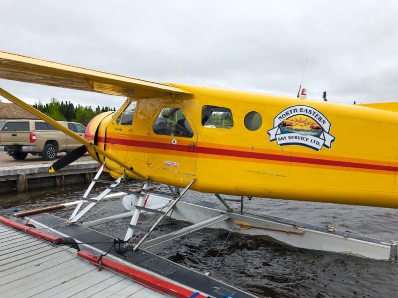 Yellow De Havilland DHC2 Beaver seaplane on water with dock and trees.