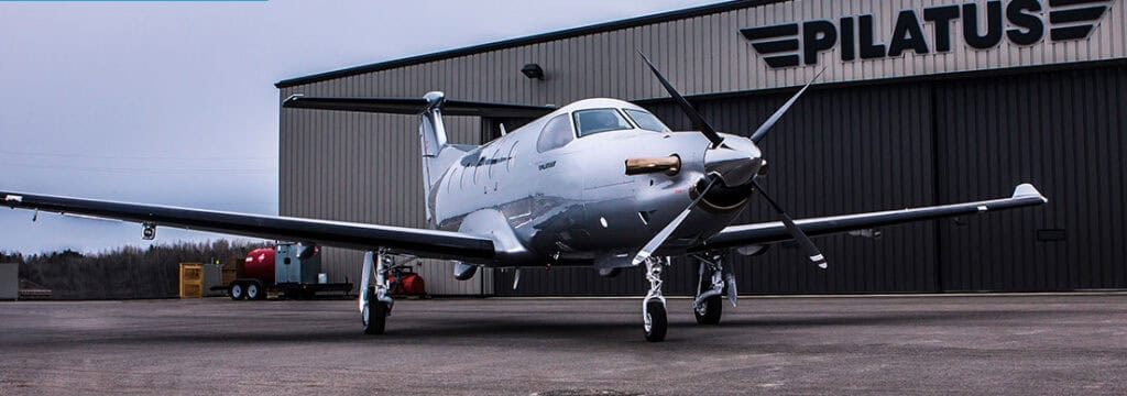 Pilatus PC-12 NG turboprop aircraft at Levaero Aviation facility.