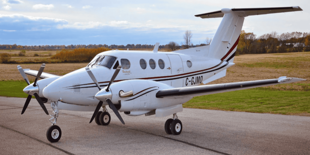 Beechcraft King Air F90 turboprop aircraft on the runway.