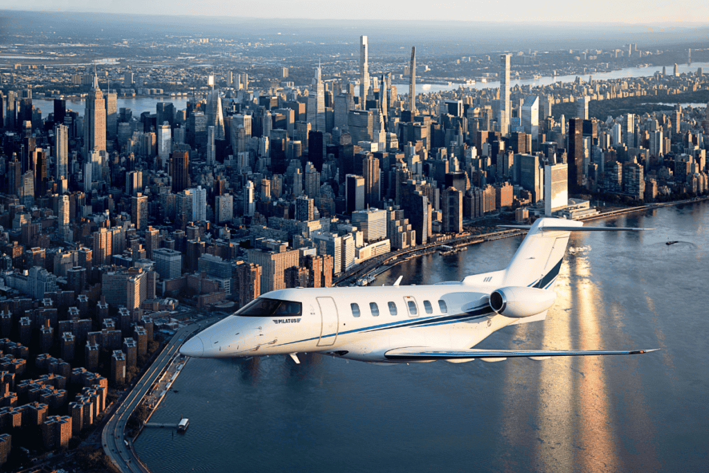 Private jet flying over Manhattan skyline and Hudson River.