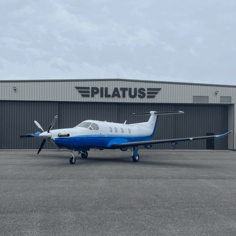 Pilatus PC-12 NG aircraft parked outside Levaero hangar, 2012 model.