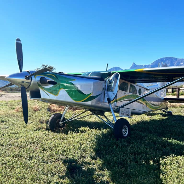 Small aircraft parked on grassy field with mountains in background.