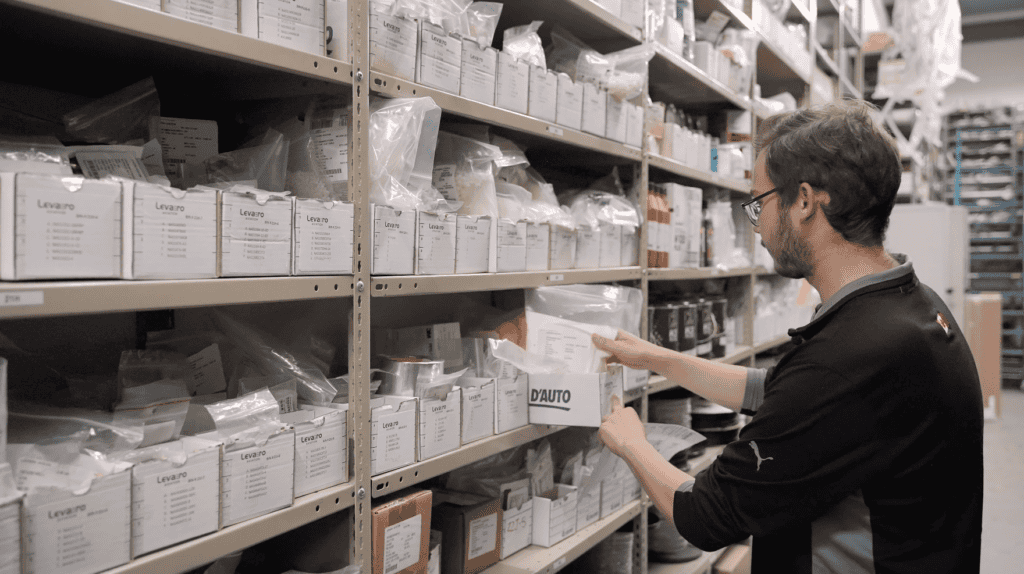 Man selecting organized storage boxes on warehouse shelf.