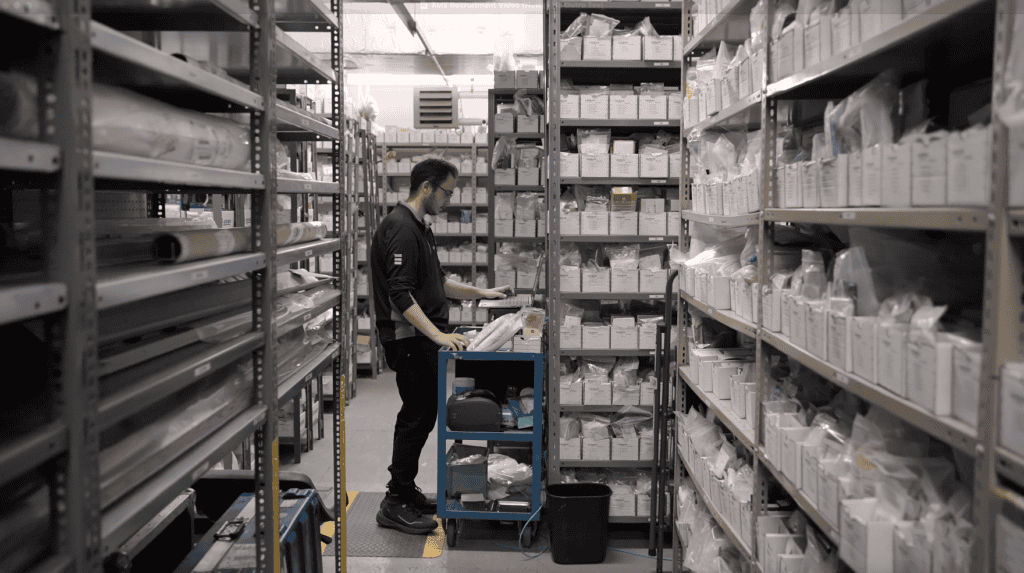 Warehouse worker organizing shelves in a storage facility.